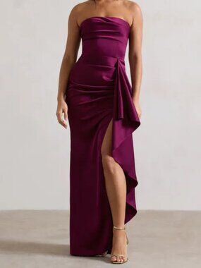 ACE PLUM Satin Bandeau Split Maxi Dress with Ruffle Drape - SOLD OUT